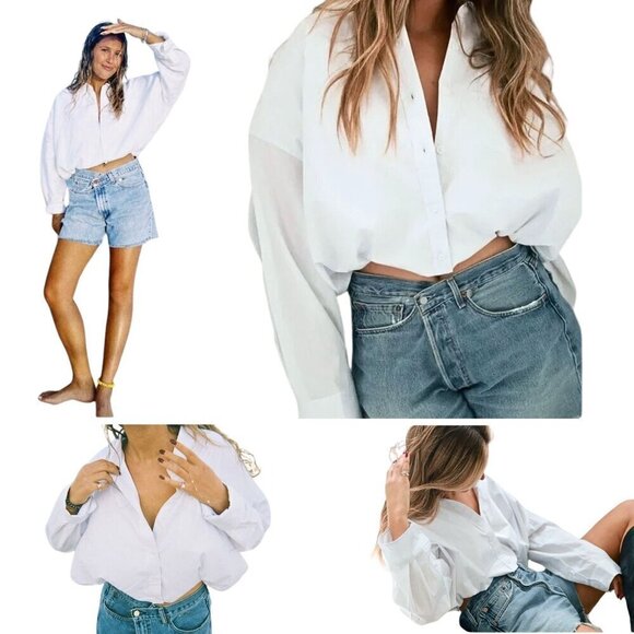 NWOT PARKE White Bubble Down Cropped Blouson Poplin Shirt Boho Normcore Size L - Picture 4 of 10